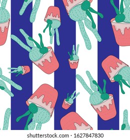 Hand-drawn seamless repeating vector pattern with flat cartoon cactus plants in pot isolated on striped blue and white background.Design for wallpaper or fabric, textile, print, cards, bags