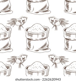 Hand-drawn seamless sketch  pattern of bags with flour and spikelets.  Vector illustration. Vintage style. 