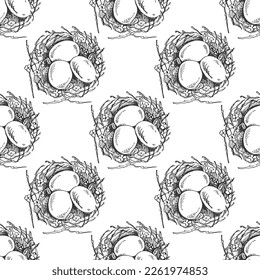 Hand-drawn seamless sketch  pattern of  Easter decorative nest with eggs.  Easter Holiday. Vector illustration. Vintage style. 