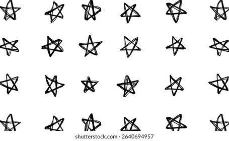 Hand-drawn seamless star pattern with ink doodles. Fun and playful vector background for kids design, wrapping paper, fabric, and stationery. EPS