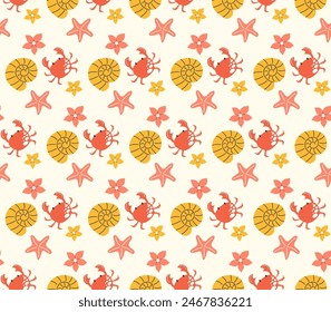 Handdrawn seamless summer pattern with crab, plumeria flower, starfish. Vector illustration.