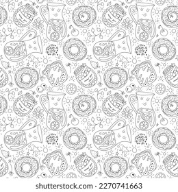 Hand-drawn seamless sweet breakfast pattern, black and white vector image. Donut, orange juice, jam, fruits and flowers. doodles drawing illustration food. 