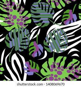 Hand-drawn seamless tropical pattern. Trendy background with monstera leaves and zebra print for textile, cover, wallpaper, gift packaging, printing.Romantic design for calico, silk.