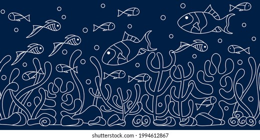 Hand-drawn seamless underwater border . Horizontal coral reef, seaweed fish.