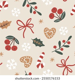 Hand-drawn seamless vector Christmas pattern in a doodle style, with delicate, festive elements on a beige background. Elegant and playful, perfect for gift wrapping and seasonal designs.