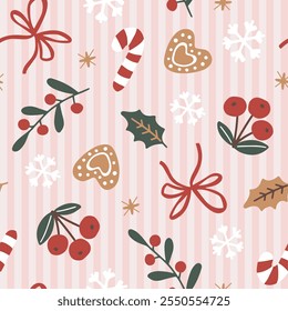 A hand-drawn, seamless vector Christmas pattern in a doodle style with a soft pink striped retro background. Delicate and festive, perfect for wrapping and creating a cozy, elegant atmosphere