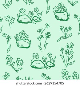Dibujado a mano, Vector sin fisuras doodle patrón de flores. Patrón verde sobre un fondo verde claro. 