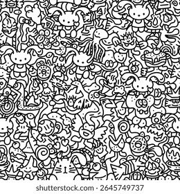 Hand-drawn seamless vector doodle pattern in black and white. Cute kawaii-style characters including animals, desserts, cartoon faces, Hello Kitty-style cats, sweets, sea creatures.