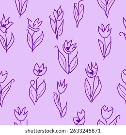 Hand-getekende naadloze vector doodle tulp patroon. Grappige tulpen. Lichtpaars. 