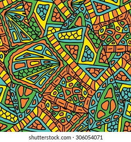 Hand-drawn seamless vector multicolored pattern in doodle zentangle style. Motley tribal ethnic design. Could be used as print for textile, paper or web background.