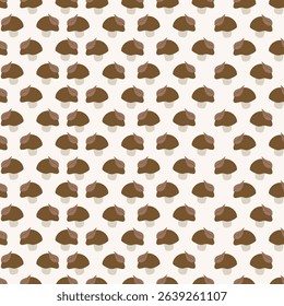 Hand-drawn seamless vector mushroom pattern on a solid light beige background. Perfect for textile design, packaging, eco-friendly branding, and seasonal autumn-themed projects.