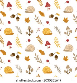 Сute hand-drawn seamless vector pattern with autumn leaves, plants, mushrooms and snails on a white background 