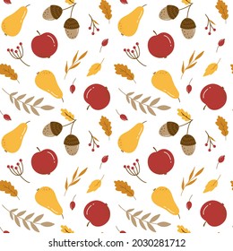 Сute hand-drawn seamless vector pattern with autumn leaves, plants, apples and pears on a white background 