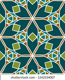 Hand-drawn seamless vector pattern of dark green geometric flowers with six petals and trefoil knots.