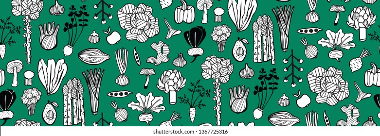 Hand-drawn seamless vector pattern of different types of vegetables. Brussel sprouts, fennel, garlic, beetroot, mushroom, cabbage, broccoli, avocado, apple, lettuce, cherry tomato, peas, celery, etc.