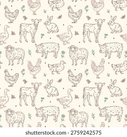 Hand-drawn seamless vector pattern of farm animals and birds: pig, calf, sheep, rooster, chicken, goose, duck, rabbit with decorative elements. Pastel line art for farm projects