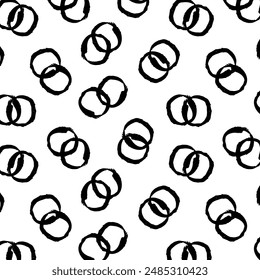 Hand-drawn, seamless vector pattern featuring grunge circles interconnected in pairs, adding an artistic touch. Versatile for contemporary design, textiles, and home decor projects