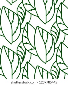 Hand-drawn seamless vector pattern with green leaves. Seamless pattern with green contour of leaves.