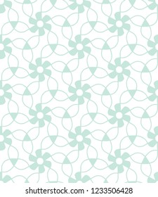 Hand-drawn seamless vector pattern with light green flowers and trefoil knots on a white background.