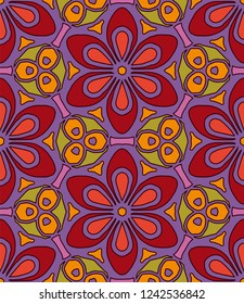 Hand-drawn seamless vector pattern with red-violet symmetrical flowers.