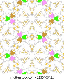 Hand-drawn seamless vector pattern with strawberry, chocolate and pistachio ice cream and ice cream cones.