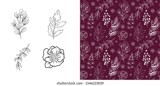 Hand-drawn seamless vector pattern of white holly, juniper branches, anemone and snowflakes on a white background.  Fabric pattern design. Floral print for elegant textile, packaging, paper, postcard