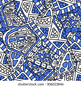 Hand-drawn seamless vector zentangle pattern in white/black/blue. Doodle style. Tribal ethnic design. Could be used as print for textile, paper or web background.