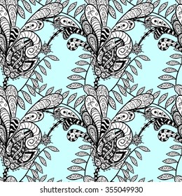 Hand-drawn seamless vector zentangle pattern in white, black, blue. Doodle style. Isolated background. Tribal ethnic design. Could be used as print for textile, paper or web background.