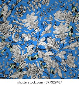 Hand-drawn seamless vector zentangle pattern in white, black, blue. Doodle style. Isolated background. Tribal ethnic design. Could be used as print for textile, paper or web background.