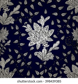 Hand-drawn seamless vector zentangle pattern in white, black, blue. Doodle style. Isolated background. Tribal ethnic design. Could be used as print for textile, paper or web background.