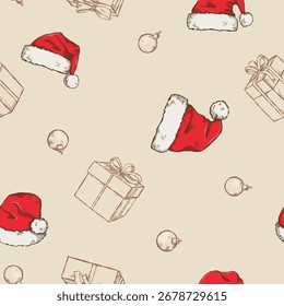 Padrão de estilo vintage sem costura desenhado à mão com chapéus e presentes de Natal vermelho.