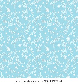 Hand-drawn  seamless winter pattern with curls and snowflakes. Vector illustration for wrapping paper, greeting cards and invitations. 