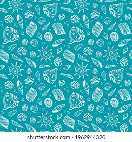 Hand-drawn seashells on blue background. Non directional seamless pattern. Vector illustration