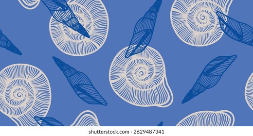 Hand-drawn seashells on blue surface