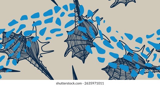 Hand-drawn seashells on blue surface
