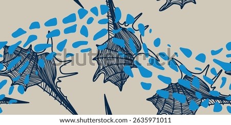 Hand-drawn seashells on blue surface
