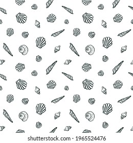 Hand-drawn seashells on white background. Non directional seamless pattern. Vector illustration. Sea coast