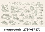 Hand-drawn seaside escape in elegant line art style. Scooter, car, beach chair, and sailboat evoke joyful travel. Sunglasses, ice cream, and anchor hint at carefree summer days