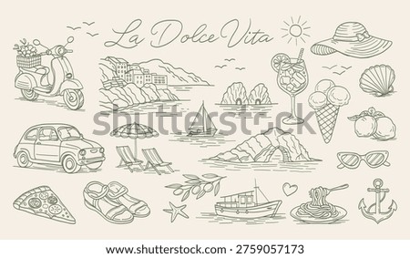 Hand-drawn seaside escape in elegant line art style. Scooter, car, beach chair, and sailboat evoke joyful travel. Sunglasses, ice cream, and anchor hint at carefree summer days