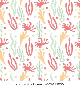 Hand-drawn seaweeds and coral on a white background. Seamless pattern underwater for clothing, fabric, wallpaper, backdrop, home decoration, cover book, and wall art. 