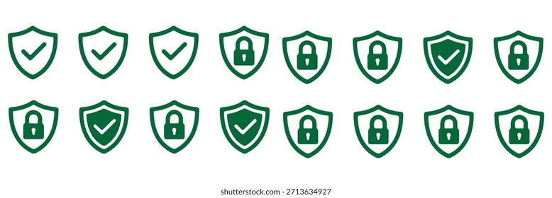 Ícone de escudo de segurança desenhado à mão. Símbolos de marca de seleção de blindagem. Logotipos de proteção e cadeado. Ilustração vetorial.