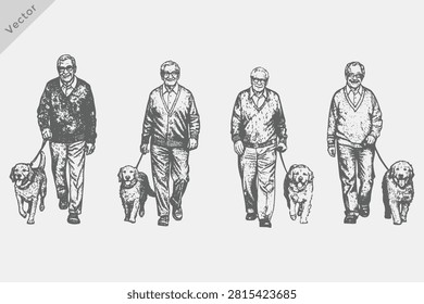 Hand-drawn Senior Man Walking with Shoulder Bag illustration. Old Man Walking in vintage engraving style vector