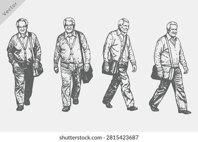 Hand-drawn Senior Man Walking with Shoulder Bag illustration. Old Man Walking in vintage engraving style vector