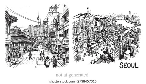 Hand-Drawn Seoul City Sketch Set: Traditional Bukchon Hanok Village Street and Aerial Skyline Panorama with N Seoul Tower - Black and White Vector Illustration
