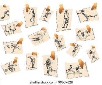 hand-drawn series - SUMMER SPORTS (football, golf, athletics) - (drawing with a hard tip marker) - on torn pieces of paper with stickers - grunge and modern