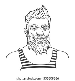 Hand-drawn serious man with mustache, beard and hairstyle. Vector Illustration isolated on white background.