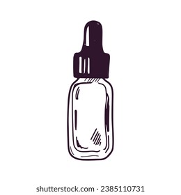 Hand-drawn serum bottle with pipette, beauty cosmetic element, self care. Illustration for beauty salon, cosmetic store, makeup design. Doodle sketch style.   