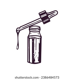 Hand-drawn serum bottle with pipette, beauty cosmetic element, self care. Illustration for beauty salon, cosmetic store, makeup design. Doodle sketch style.