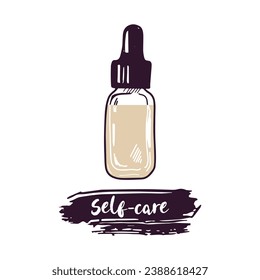 Hand-drawn serum bottle with pipette, beauty cosmetic element, self care. Illustration for beauty salon, cosmetic store, makeup design. Doodle sketch style.   