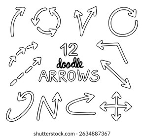 Conjunto desenhado à mão de 12 setas pretas em estilo doodle. Inclui ícones curvos, circulares, tracejados, diagonais e multidirecionais. Perfeito para apresentações, infográficos e design criativo